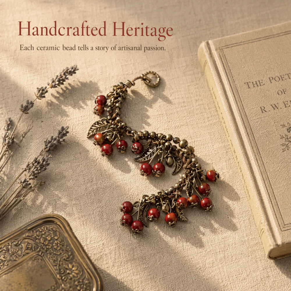 Ceramic Cherry Beaded Bracelet – Boho Braided Tassel Charm Beaded Charm Bracelet Nixie