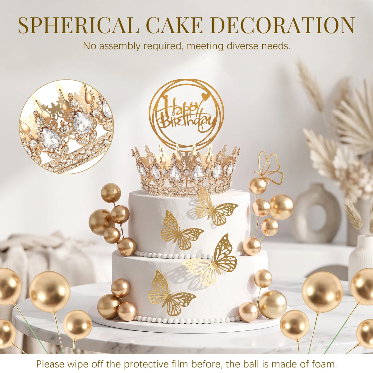Crown Birthday Cake Topper Set – 3D Decor, Balls & Acrylic Topper