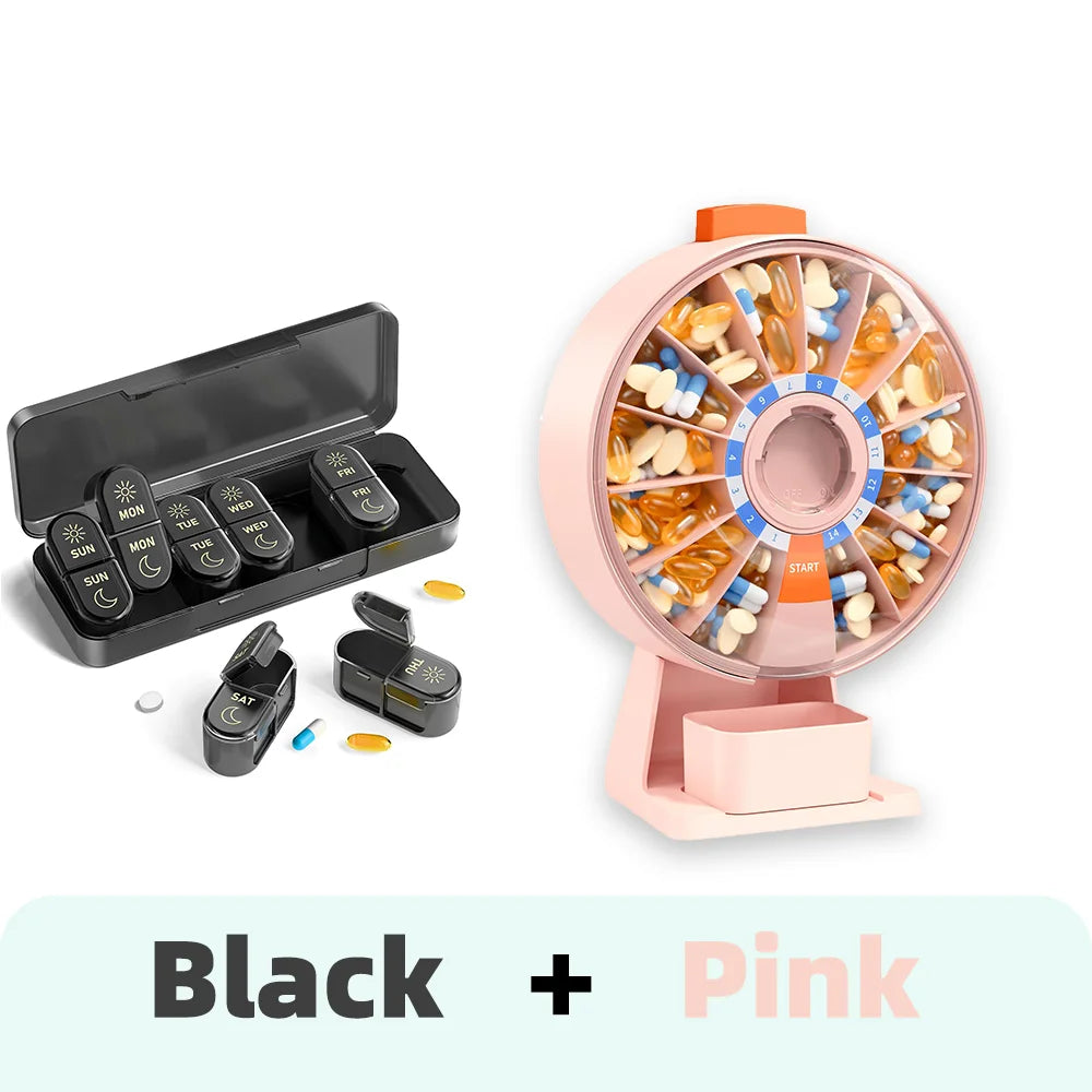 14-Day & 7-Day Pill Organizer Set – Home & Travel Case Pill Organizer Set Nixie Black-Pink