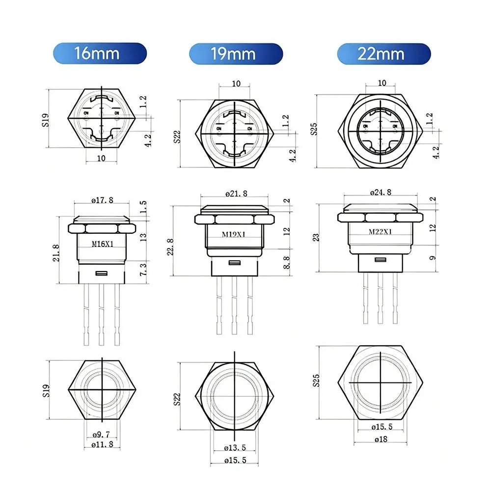 Metal Latching Push Button Switch 16/19/22mm Pre-Wired Panel Mount
