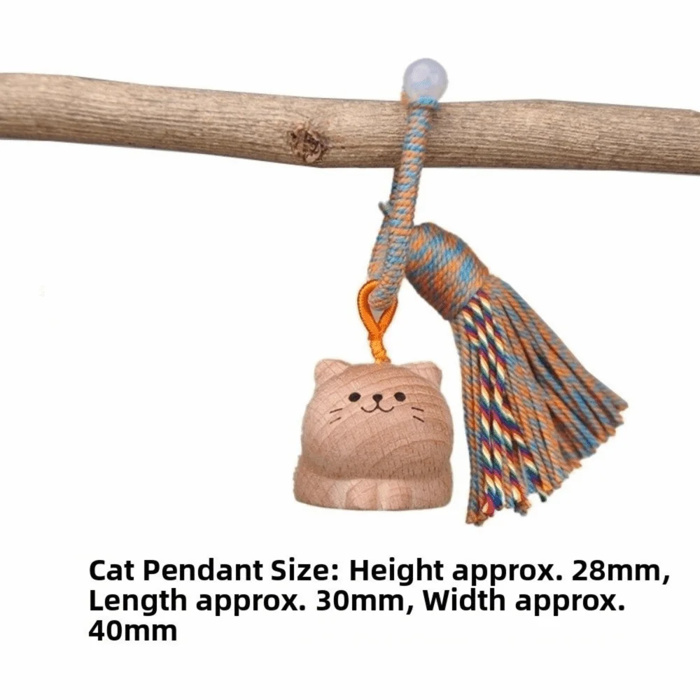Hand Carved Wooden Cat Keychain with Tassel | Lucky Cat Wooden Cat Keychain Nixie Style E