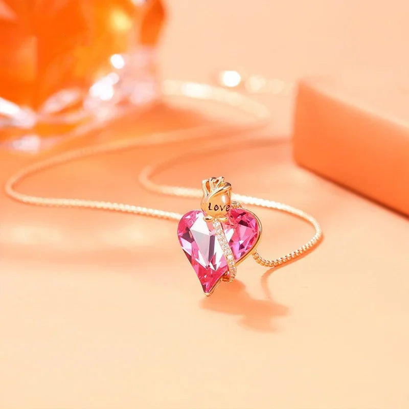 Pink Crystal Heart Pendant Necklace | Rose Flower Gift for Women Pendant Necklace Nixie