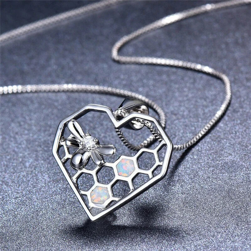 Simulated Opal Heart & Bee Pendant Necklace | Nixie Fashion Pendant Necklace Nixie