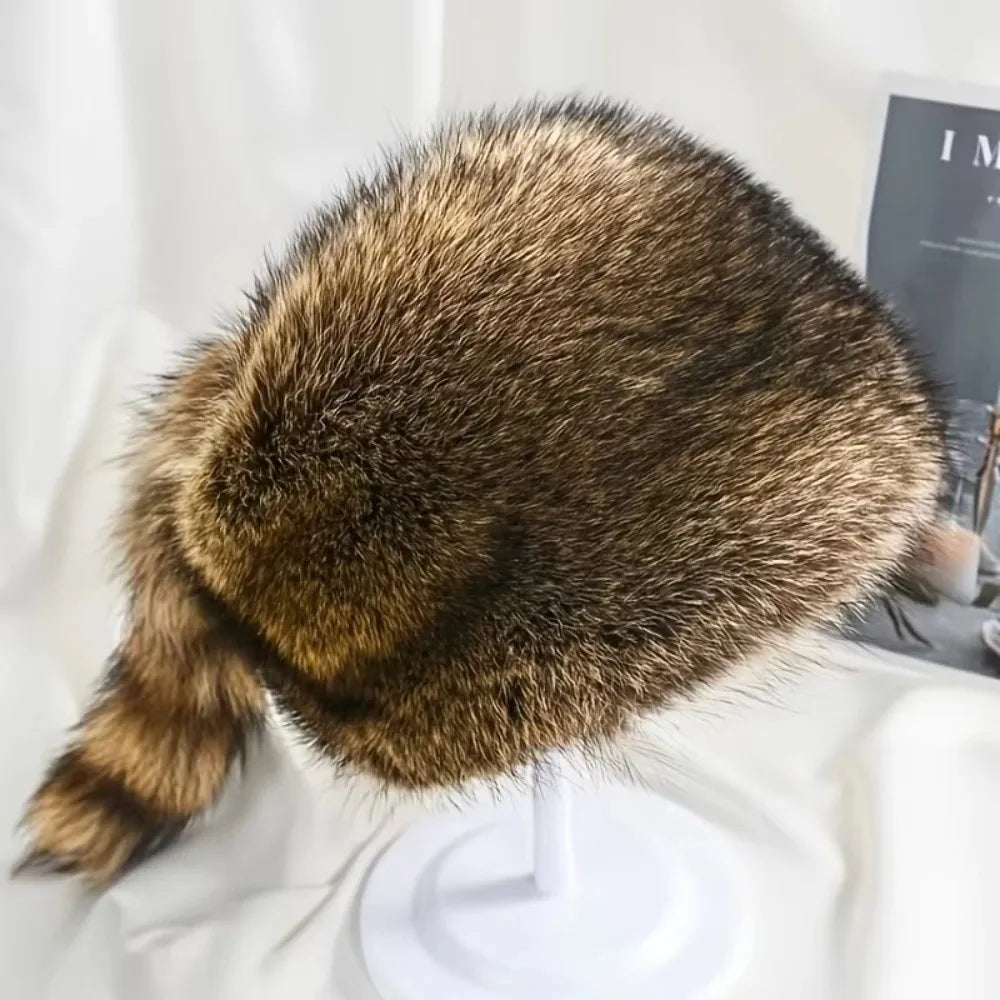 Faux Fur Raccoon Tail Winter Hat – Windproof Ear Protection Cap Faux Fur Winter Hat Nixie
