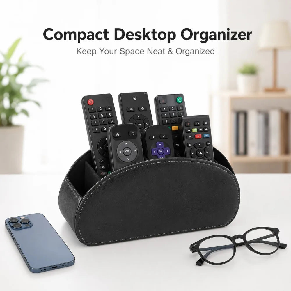 5-Compartment PU Leather Remote Control Holder & Desk Organizer