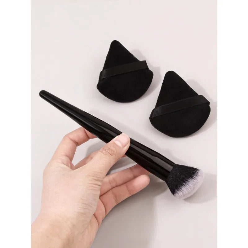 Black Angled Blush Brush & Makeup Puff Set – 3-Piece Kit Makeup Brush Set Nixie