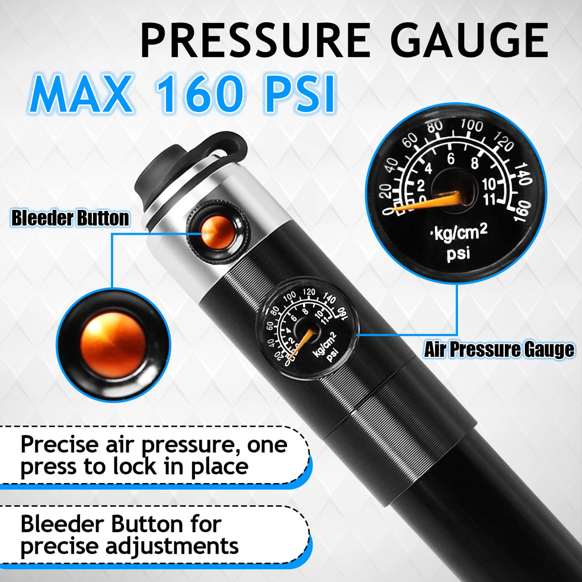 BUCKLOS Mini Bike Pump 160 PSI – Schrader & Presta Valve MTB Portable Bike Pump Nixie