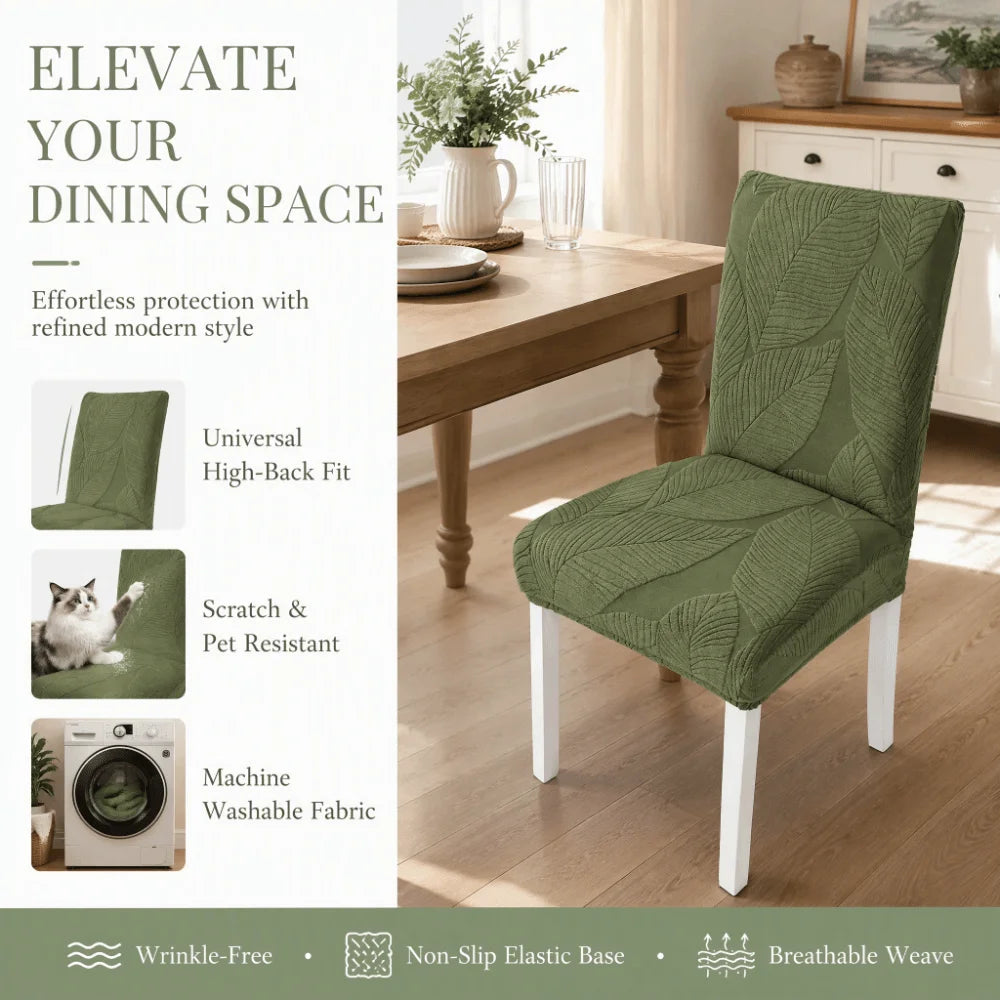 3D Leaf Jacquard Stretch Dining Chair Cover – Stain Resistant