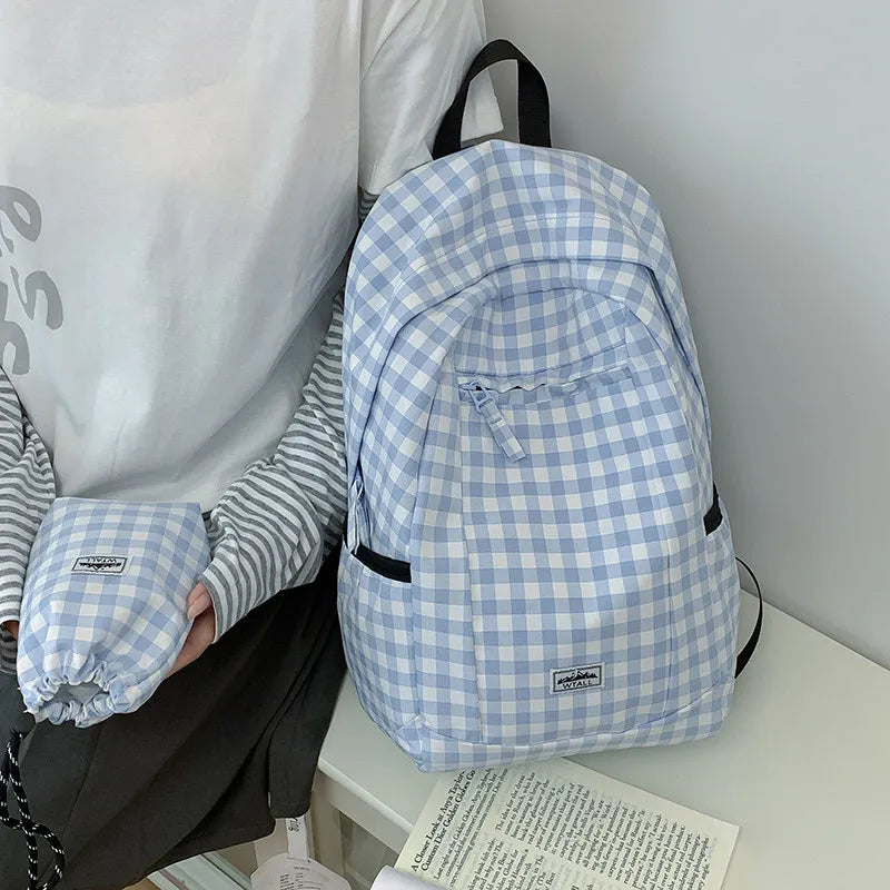 Korean Plaid Canvas Backpack – Large Capacity College Bag Canvas Backpack Nixie