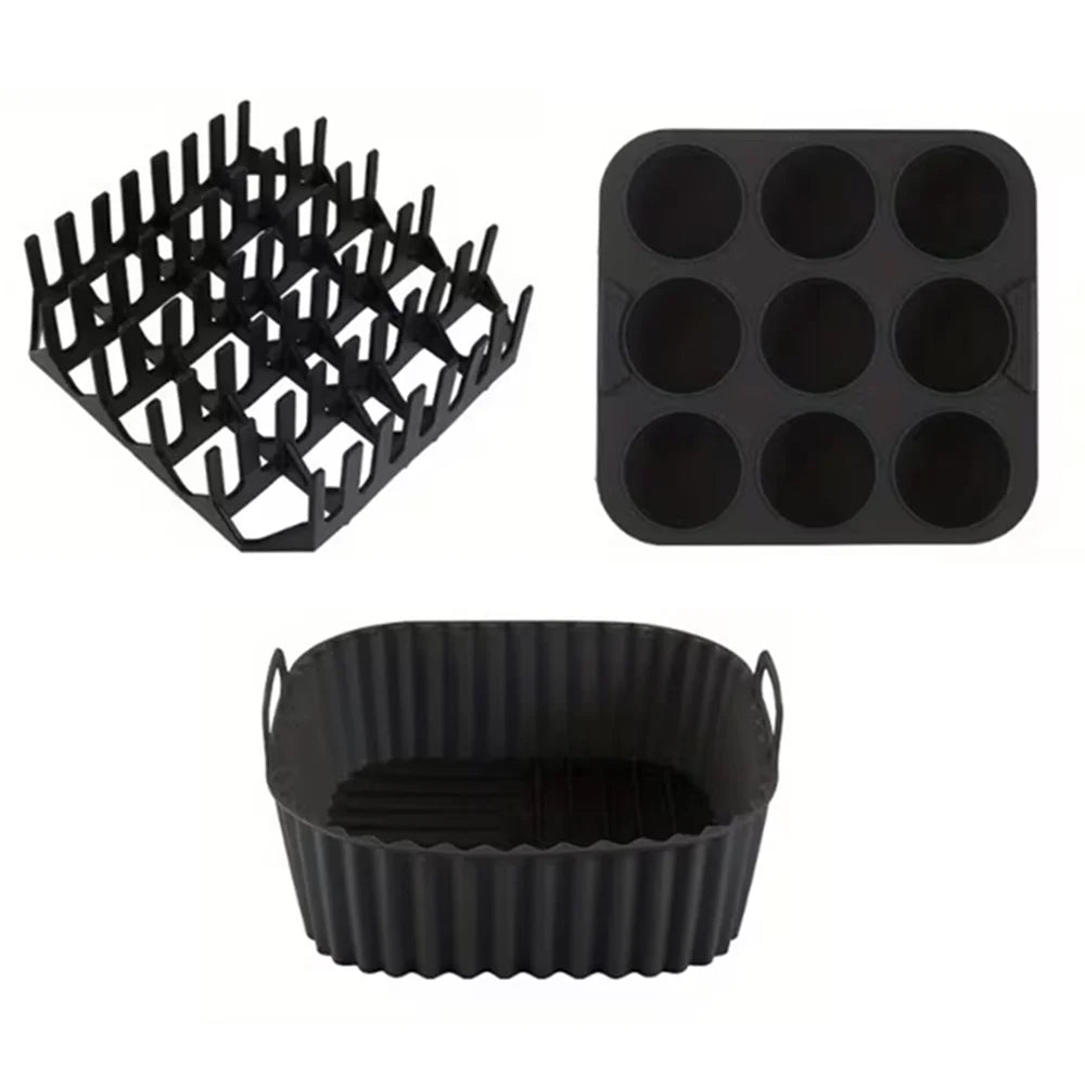 3-Piece Air Fryer Silicone Set – Liner, Bacon Rack & Muffin Tray Air Fryer Accessories Nixie black