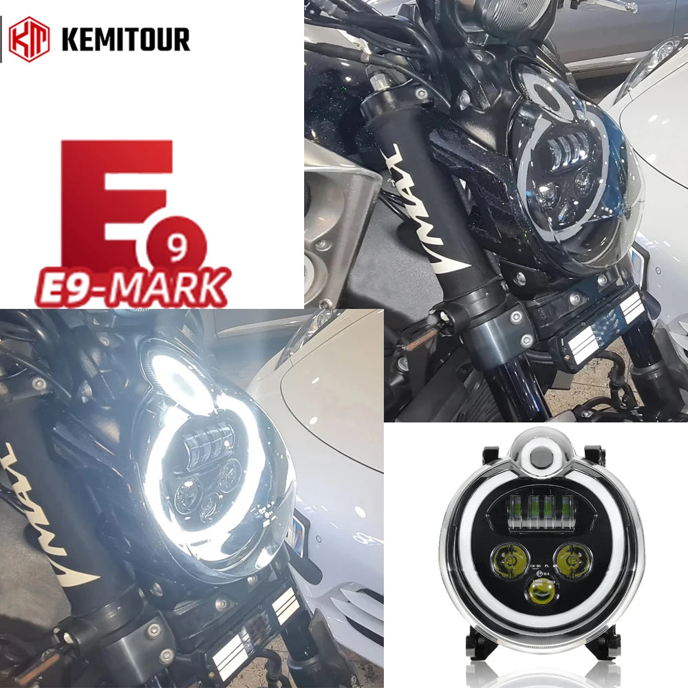 KEMITOUR LED Headlight for Yamaha VMAX 1700 – DRL, E-Mark Motorcycle Headlight Nixie