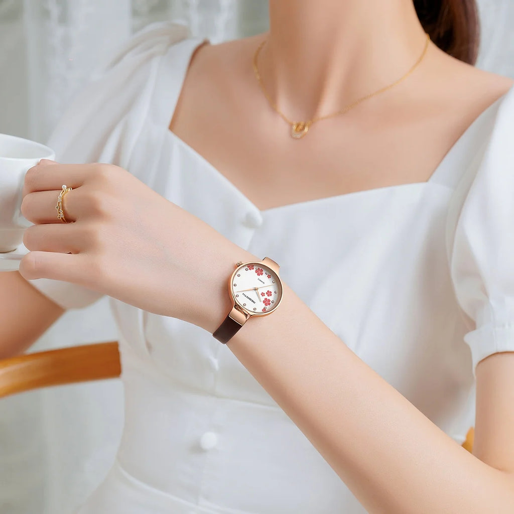 REBIRTH Retro Floral Quartz Watch – Leather Strap, Elegant Quartz Wristwatch Nixie