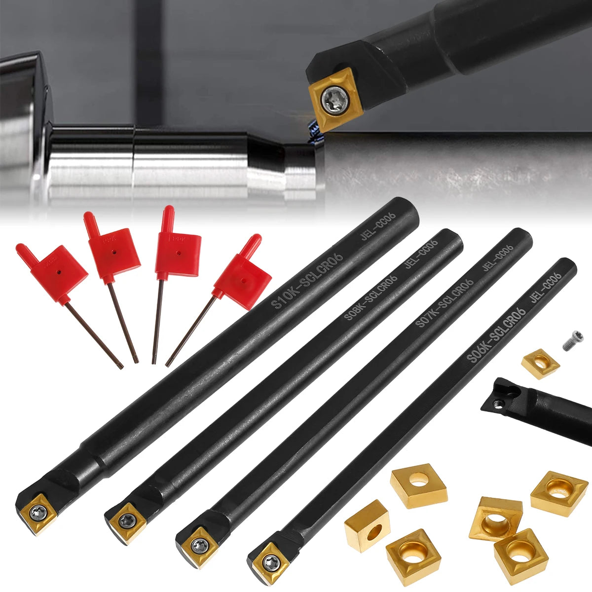 Lathe Boring Bar Set S06K–S10K SCLCR06 + 10 Carbide Inserts Boring Bar Set Nixie