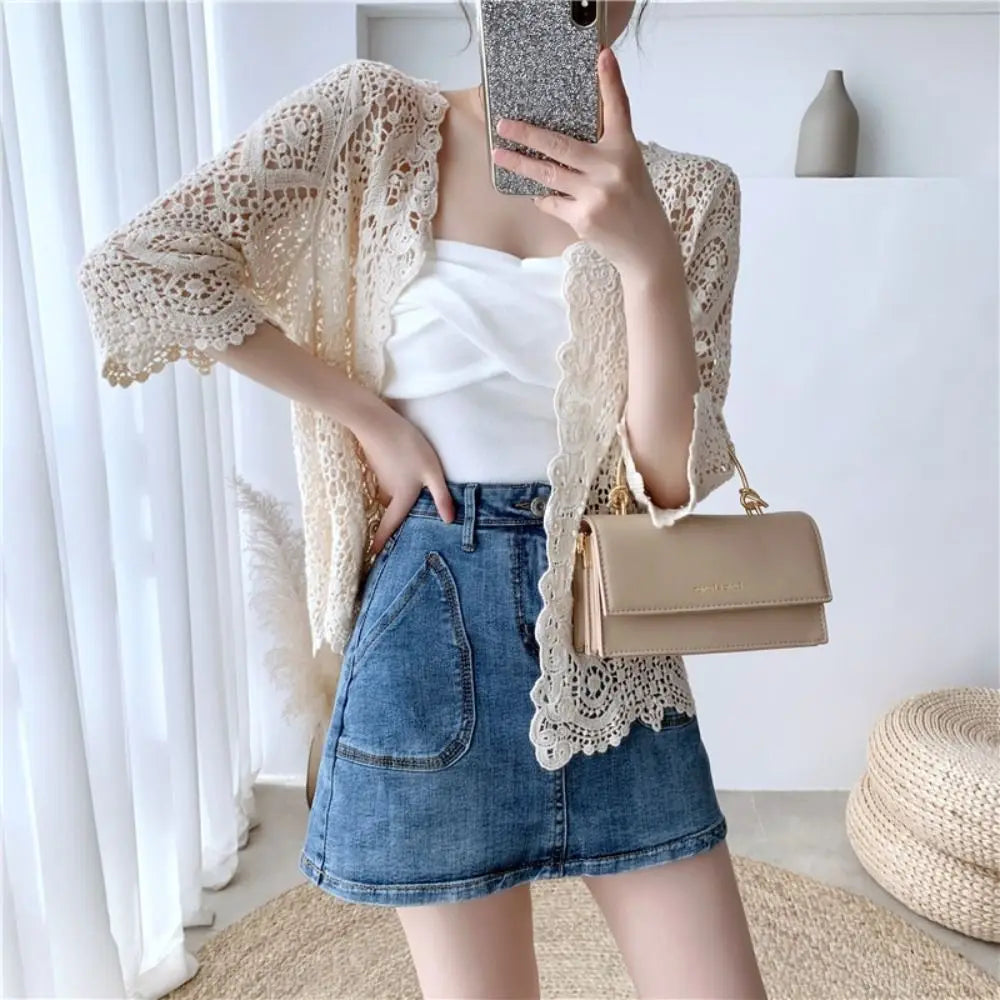 Women's Hollow Crochet Knit Shrug – Boho Open Front Cardigan Knit Cardigan Shrug Nixie