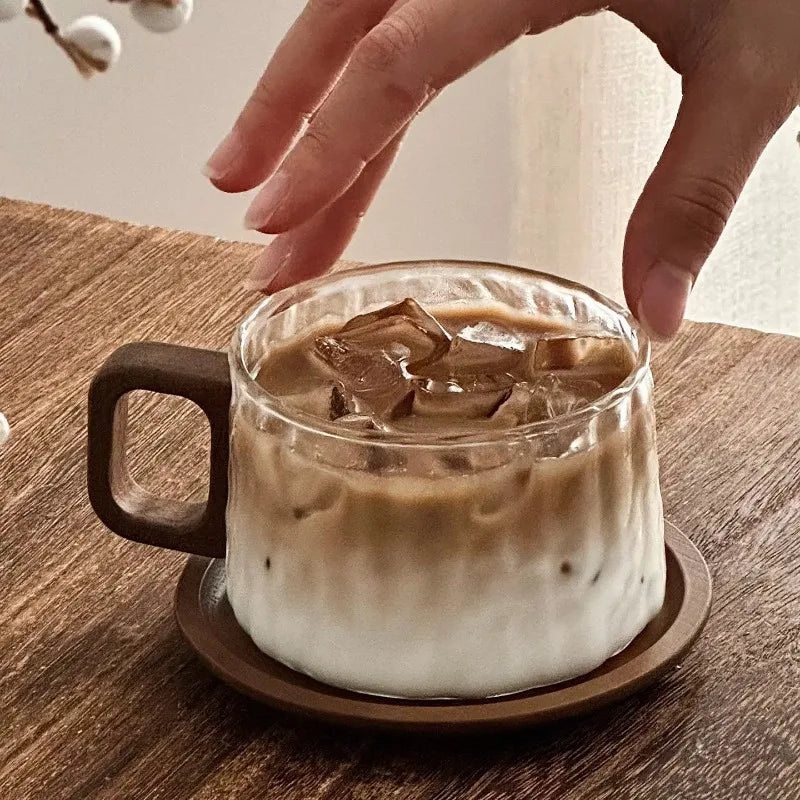 Vintage Glass Coffee Cup & Saucer Set 240ml | Wooden Handle