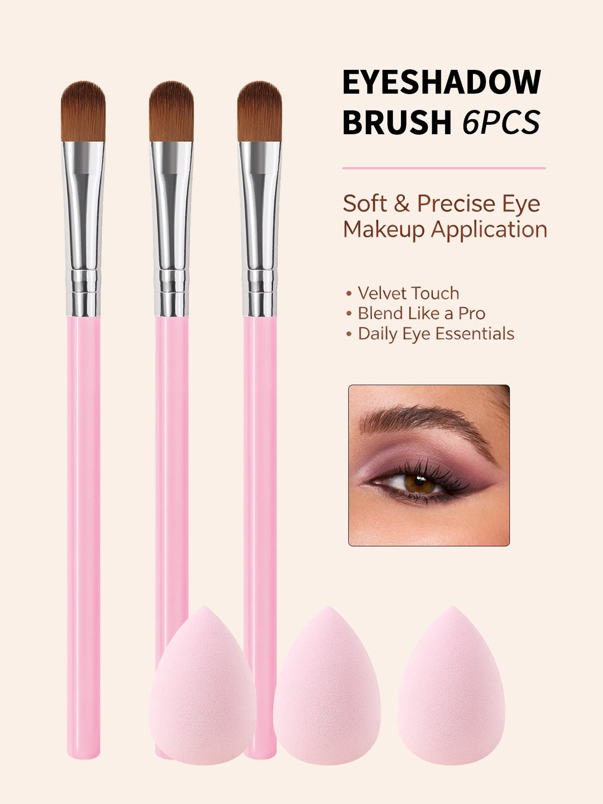 6-Piece Pink Handle Eyeshadow Brush Set with Beauty Sponge Eyeshadow Brush Set Nixie