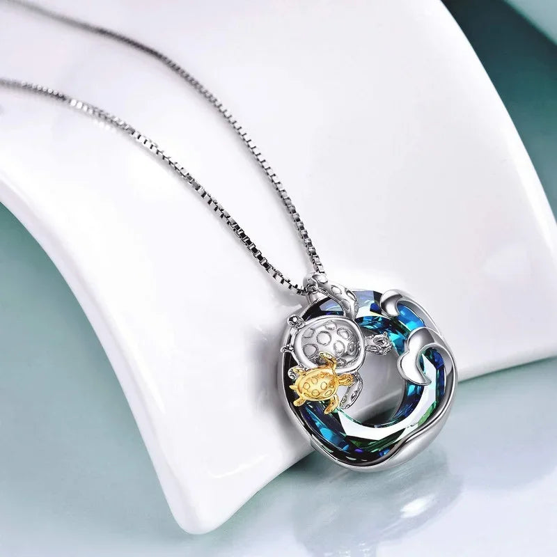 Blue Turtle Crystal Rhinestone Mood Tracker Necklace – Gold Charm Necklace Nixie
