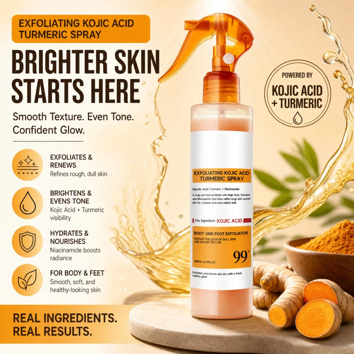 Kojic Acid Turmeric Exfoliating Body & Foot Spray 200ml Exfoliating Body Spray Nixie