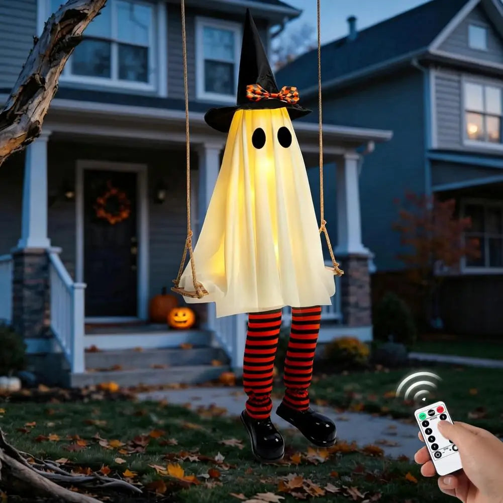 Halloween Glowing Swinging Ghost Decoration with Witch Hat