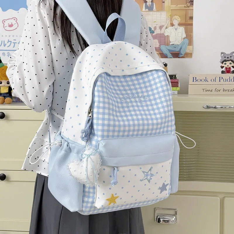 Nixie Star-Embroidered Plaid Backpack for Girls & Students
