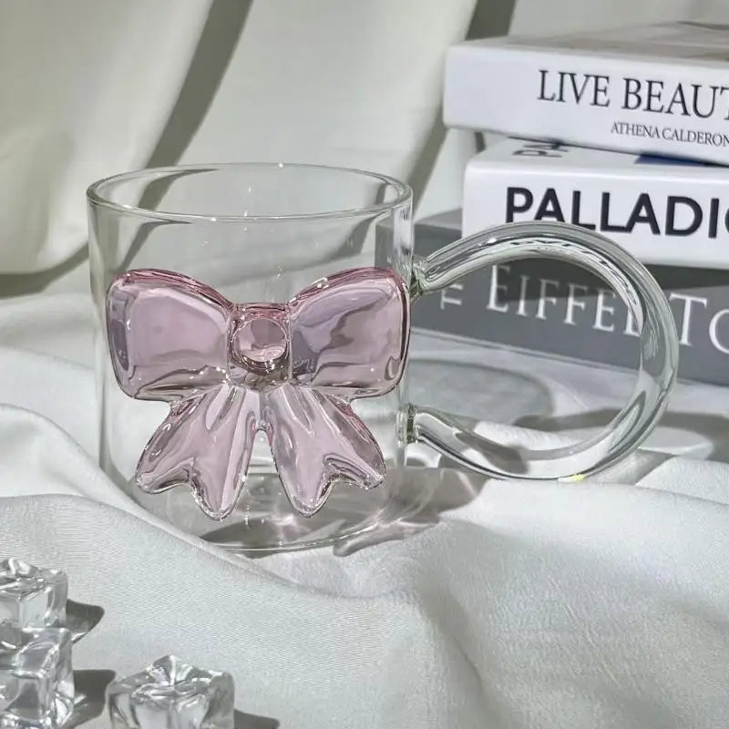Pink Bow Glass Cup 400ml – Heat-Resistant Borosilicate