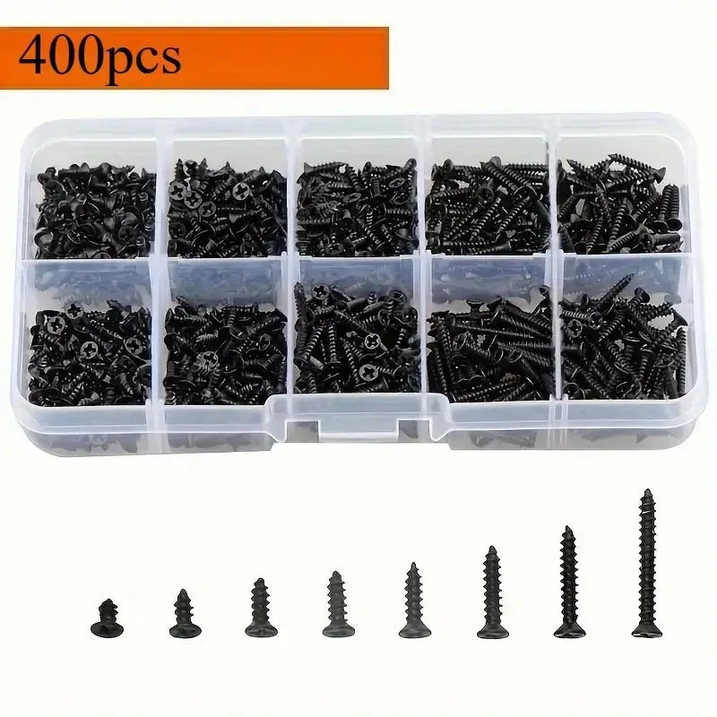 400/800pcs Phillips Self-Tapping Screws M1–M6 Carbon Steel Black Self-Tapping Screws Nixie
