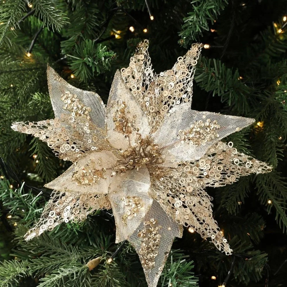 Large Glitter Artificial Poinsettia Christmas Flower Decoration Christmas Flower Decor Nixie