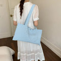 Embroidered Heart Canvas Shoulder Tote Bag – Large Women's Canvas Shoulder Tote Nixie Blue