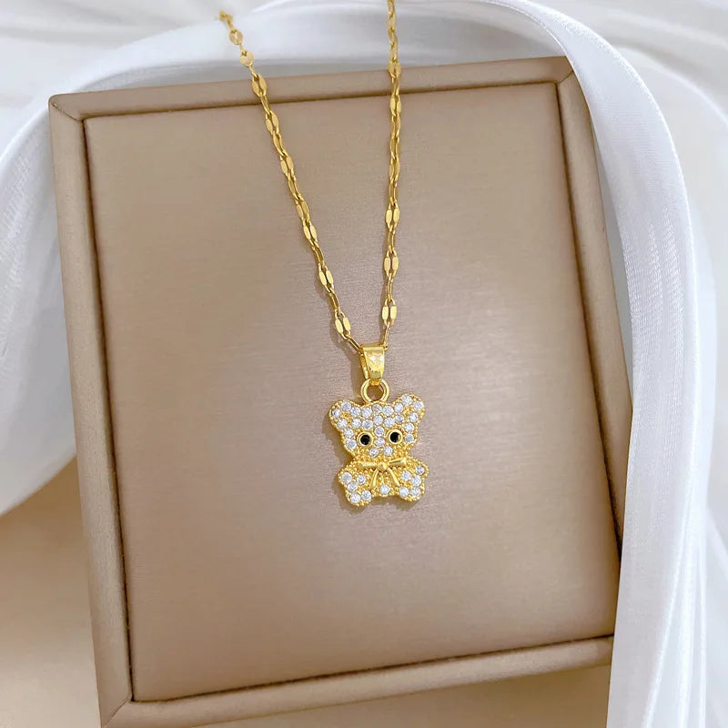 Butterfly Bear Pendant Gold Choker Necklace – Stainless Steel Pendant Choker Necklace Nixie