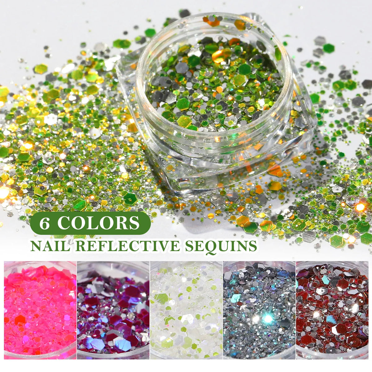 6-Color Holographic Diamond Nail Glitter Powder – Iridescent Set Nail Glitter Powder Nixie