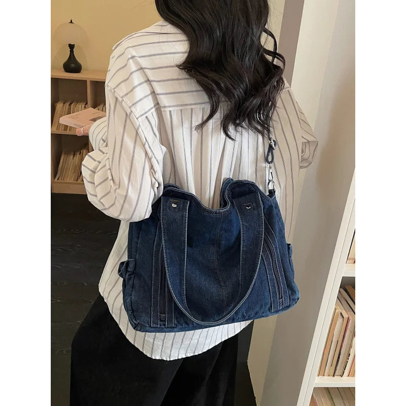 Nixie Vintage Denim Tote Bag – Large Shoulder Crossbody for Women Denim Tote Bag Nixie