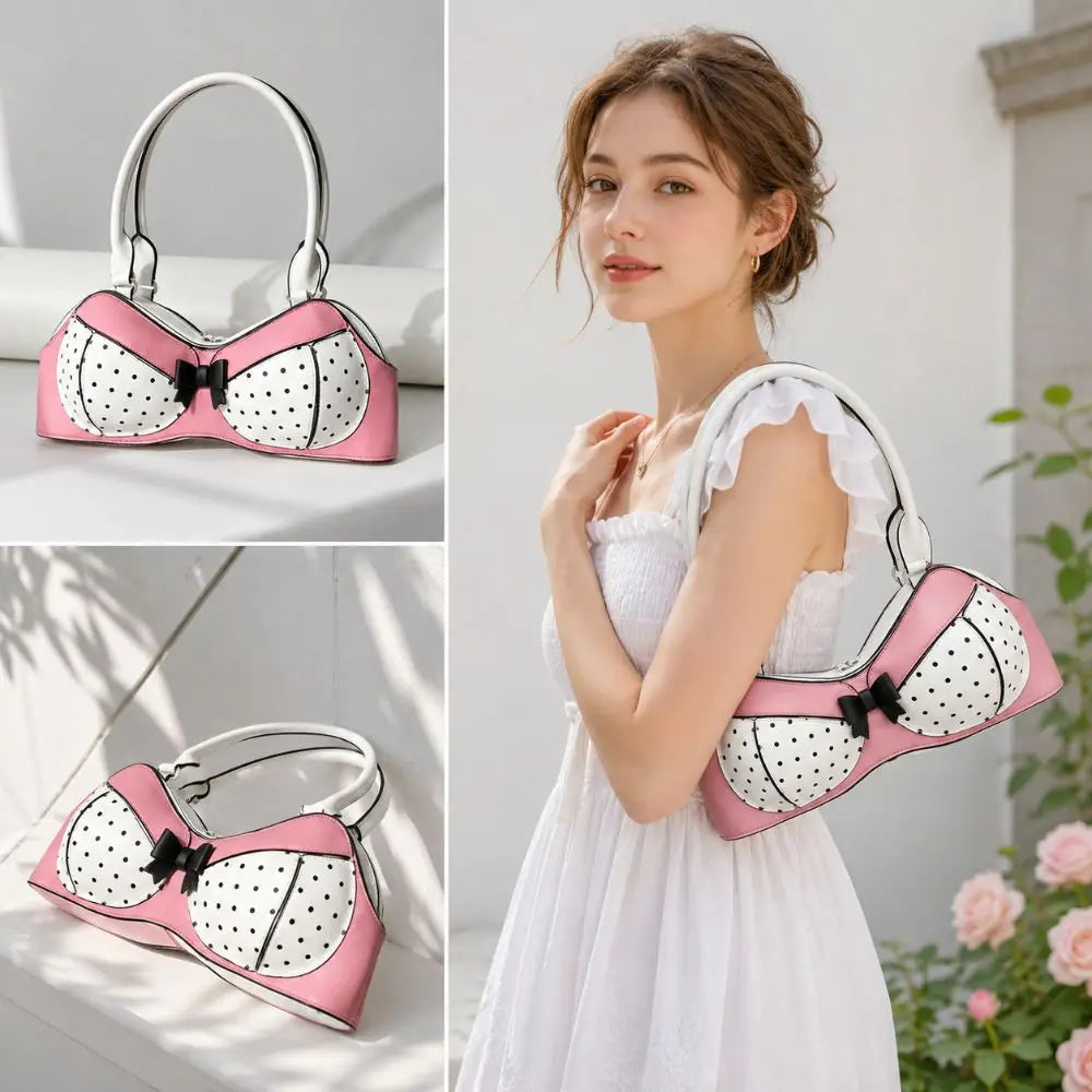 Y2K Polka Dot Bra Shoulder Bag | PU Leather Bow Novelty Handbag Novelty Shoulder Bag Nixie