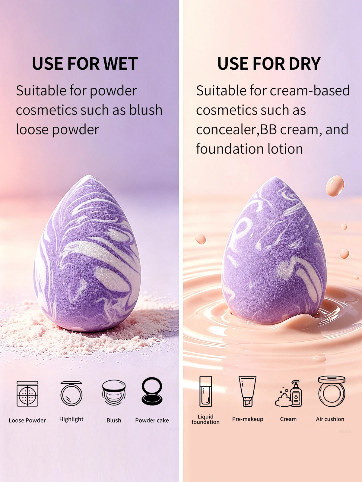 6-Piece Purple Marble Makeup Sponge Set – Latex-Free Blender Makeup Blending Sponge Nixie