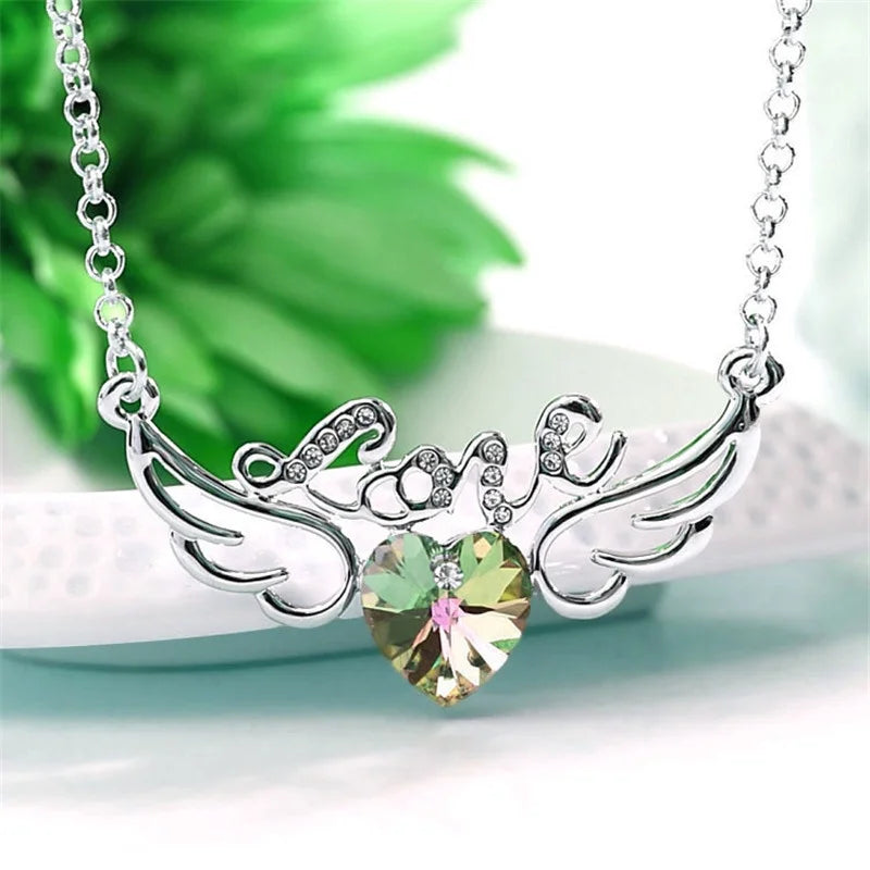 Angel Wing Crystal Rhinestone Pendant Necklace – Ethnic Style Pendant Necklace Nixie Silver