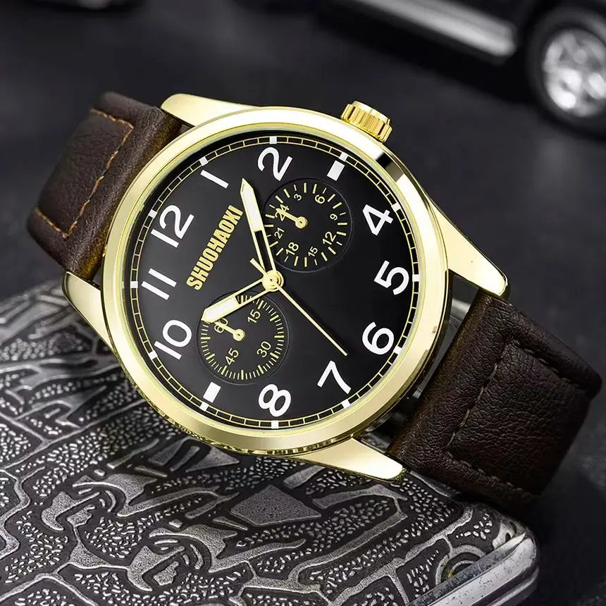 REBIRTH Retro Men's Quartz Watch – Black Leather Strap Large Dial Men's Quartz Watch Nixie