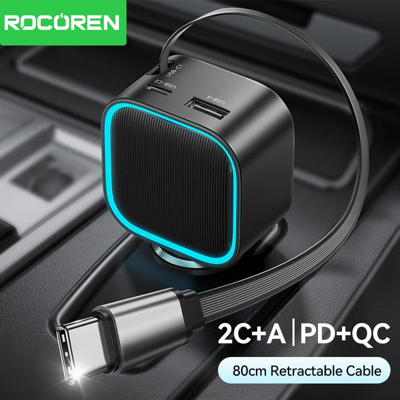Rocoren 3-in-1 PD 30W Retractable Car Charger 2C+A Ports Car Charger Adapter Nixie