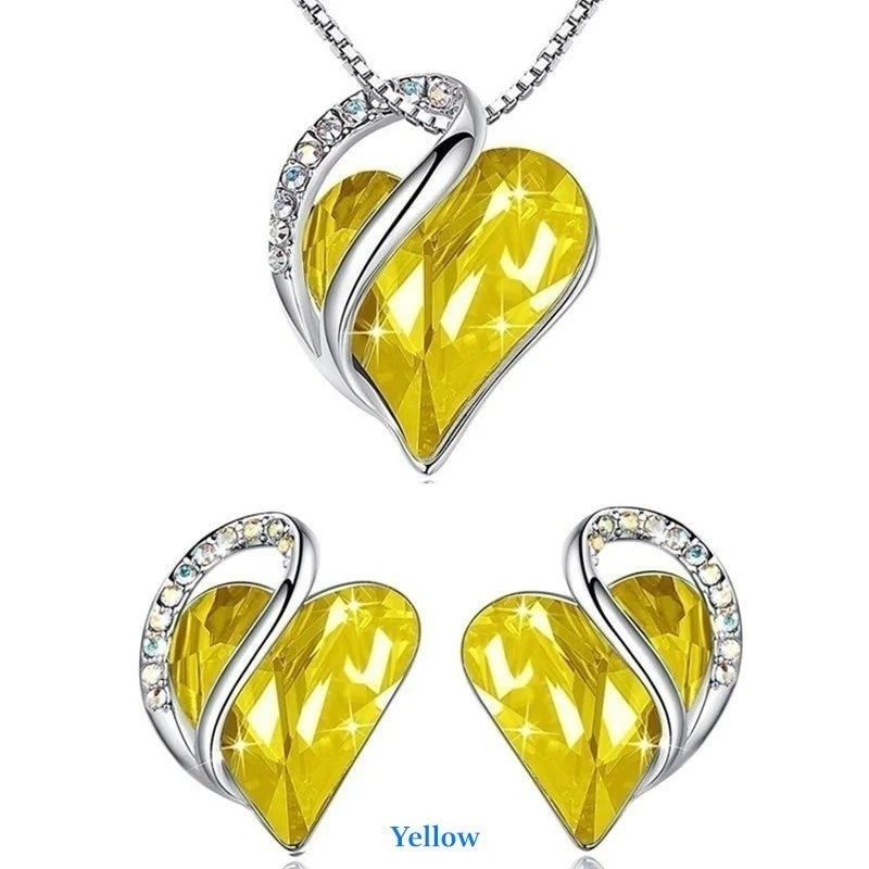 Silver Heart Crystal Earrings & Necklace Jewelry Set for Women Crystal Jewelry Set Nixie Yellow