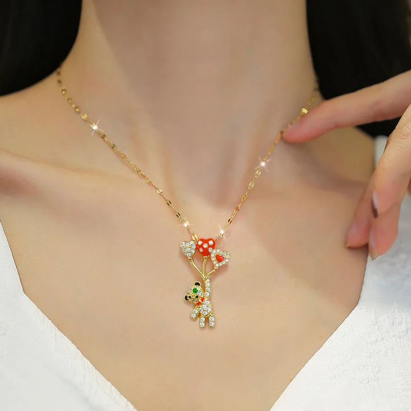 Balloon Bear Pendant Necklace – Gold Stainless Steel & Zircon Pendant Necklace Nixie