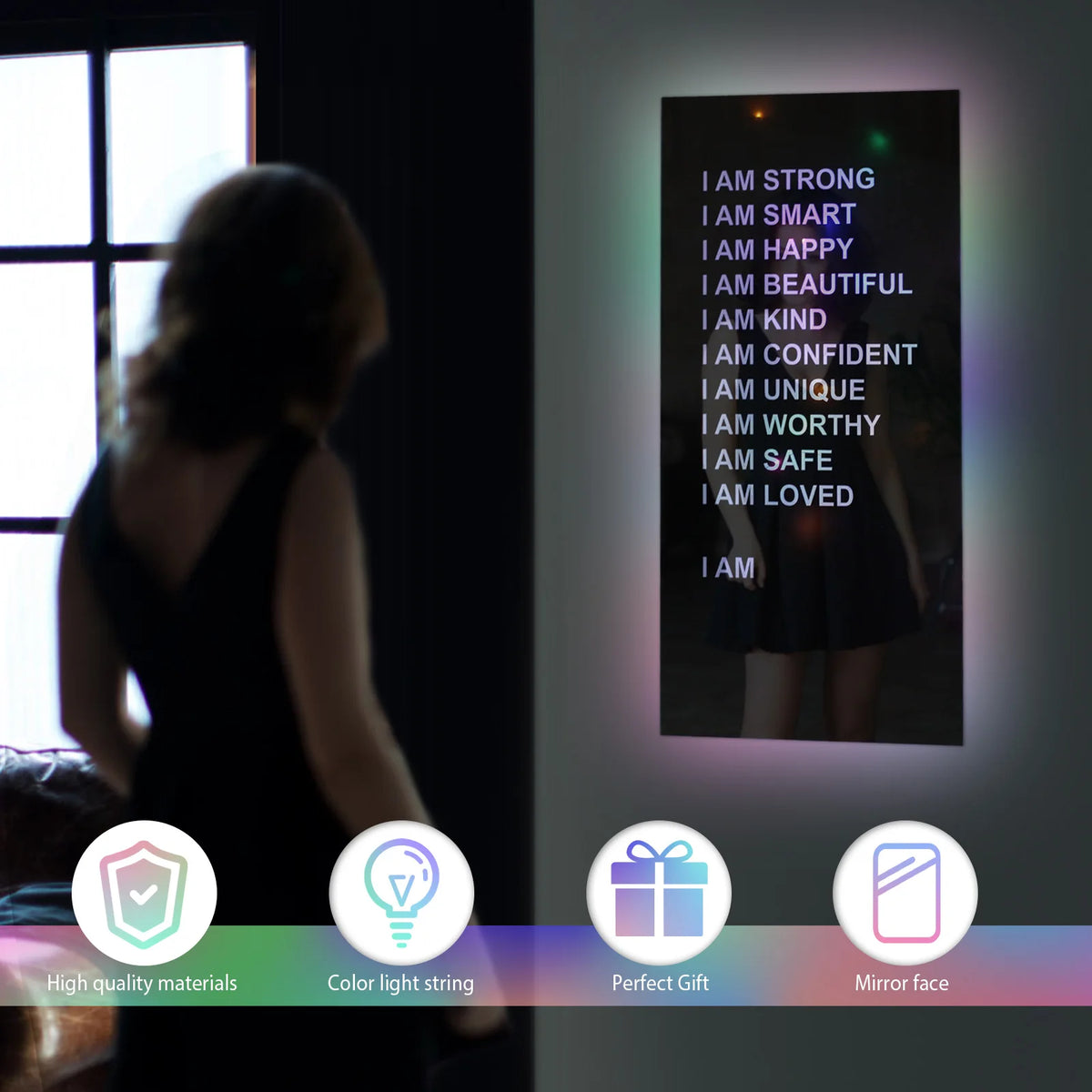 Affirmations Mirror with Colorful LED String Lights | Acrylic