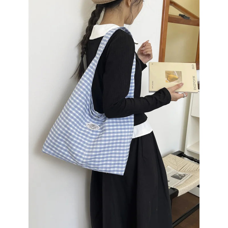 Korean Plaid Canvas Shoulder Bag – Women's Casual Hobo Tote Canvas Shoulder Bag Nixie
