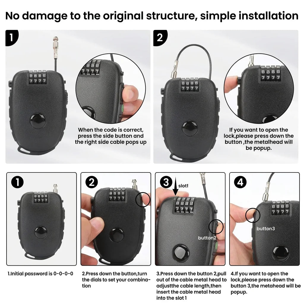 4-Digit Retractable Cable Lock – Helmet, Bike & Luggage