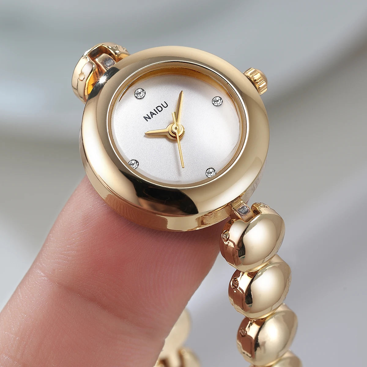 Gold Bead Chain Women's Quartz Watch – Rhinestone White Dial