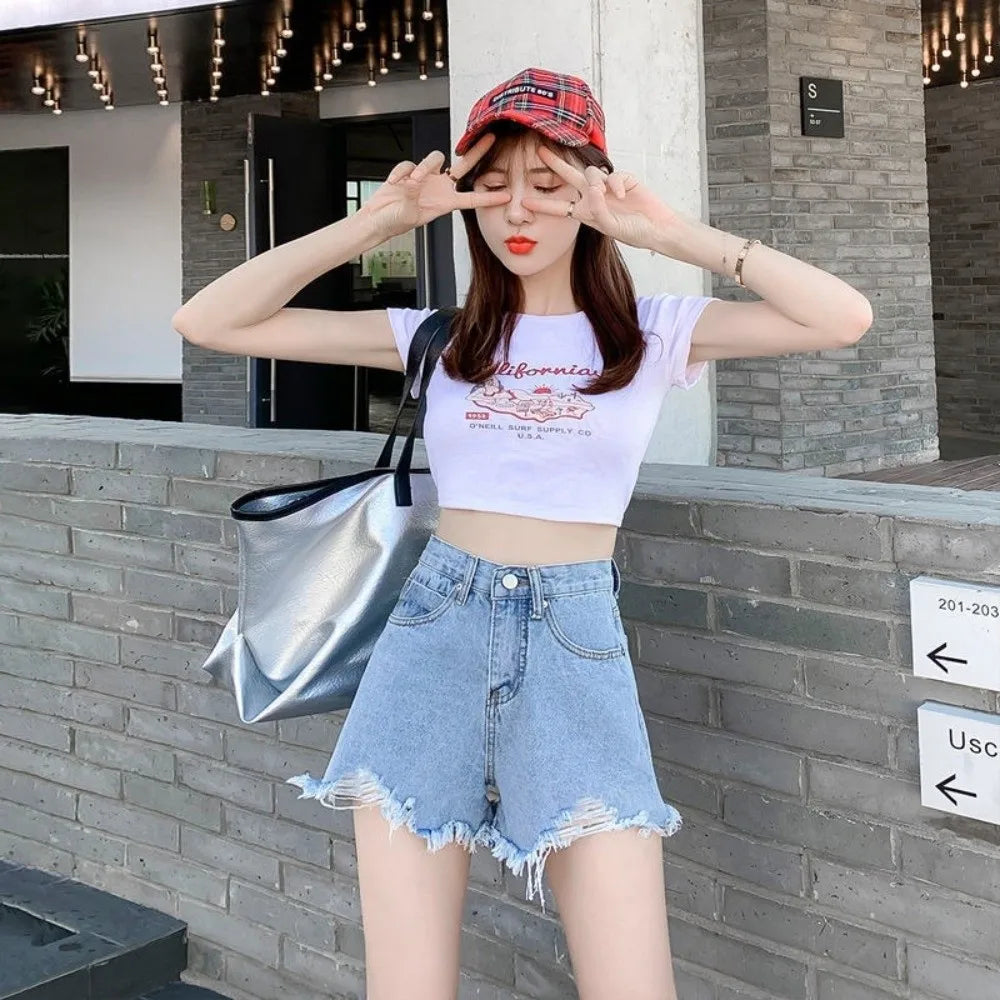 Women's High Waist Ripped Denim Shorts | Stretchy Frayed Hem Women's Denim Shorts Nixie