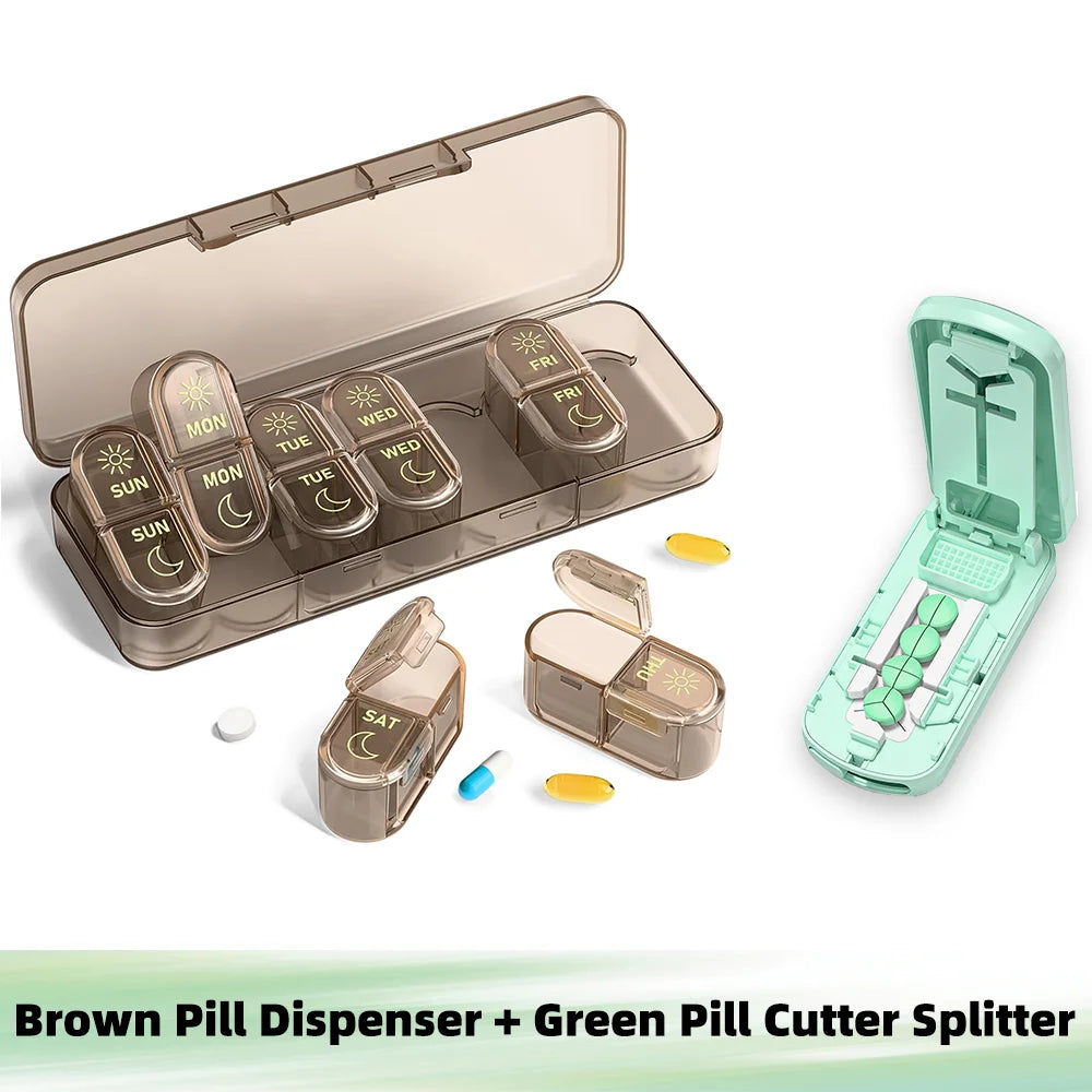 7-Day AM/PM Pill Organizer & 1/2 1/3 1/4 Tablet Cutter Set Pill Organizer Set Nixie Brown and green