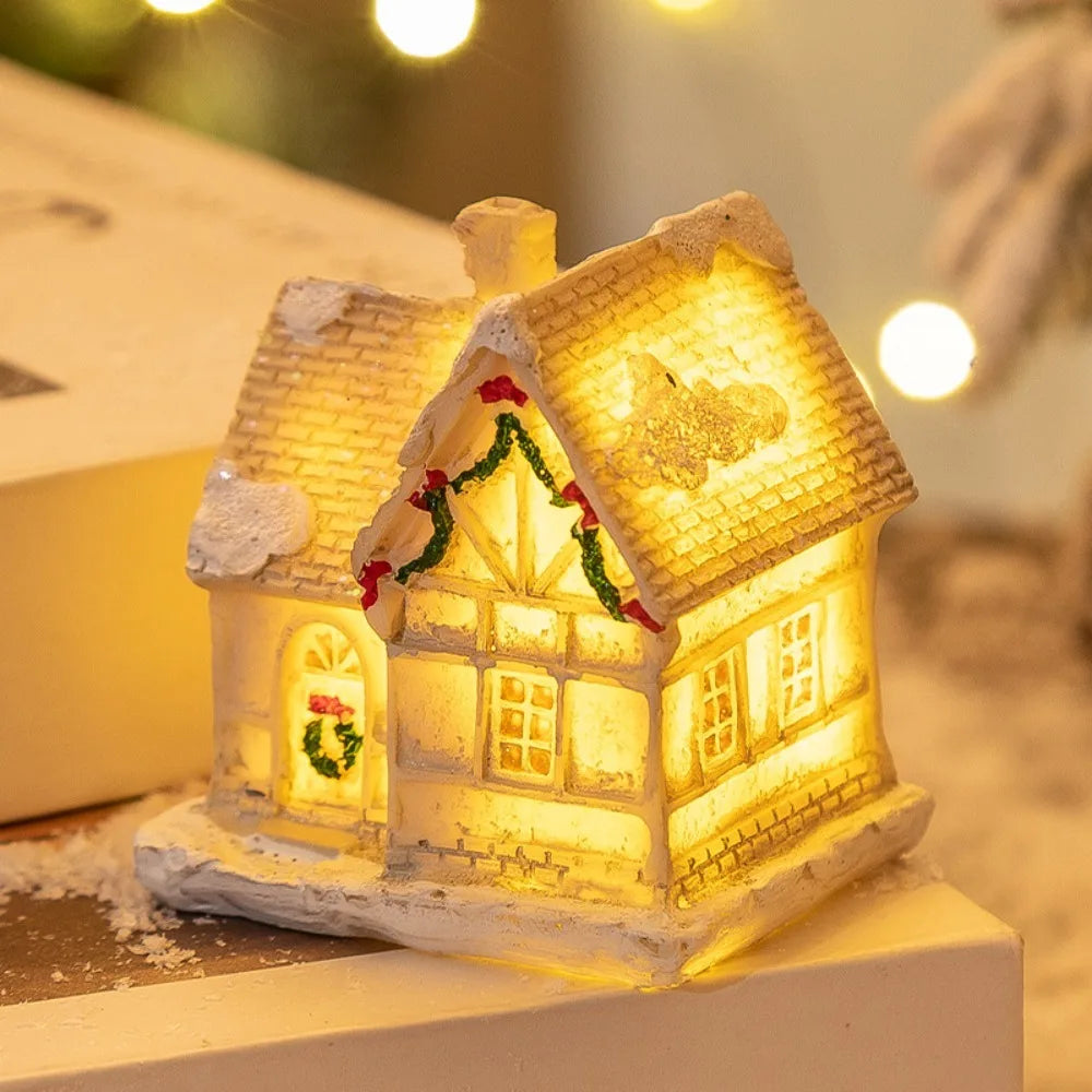 LED Miniature Christmas Village House Resin Ornament Decor Christmas Village Ornament Nixie White-White D