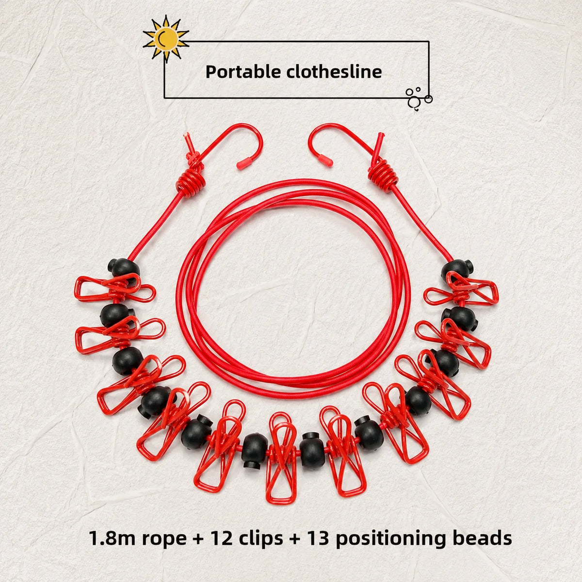 Retractable Travel Clothesline with 12 Non-Slip Clips