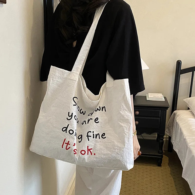 Korean Minimalist Letter-Print Nylon Tote Shoulder Bag Women Nylon Shoulder Tote Nixie