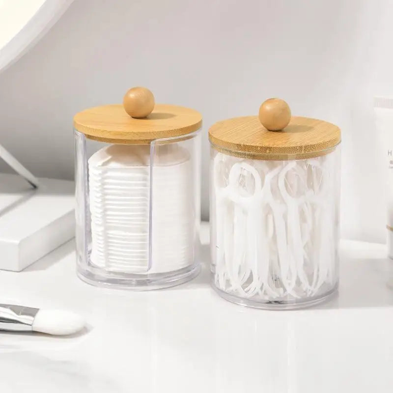 Cotton Swab Organizer Jar with Bamboo Lid | Clear & Dustproof