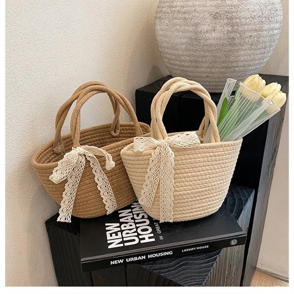 Boho Cotton Rope Woven Bucket Bag – Beach Tote Handbag Woven Bucket Handbag Nixie
