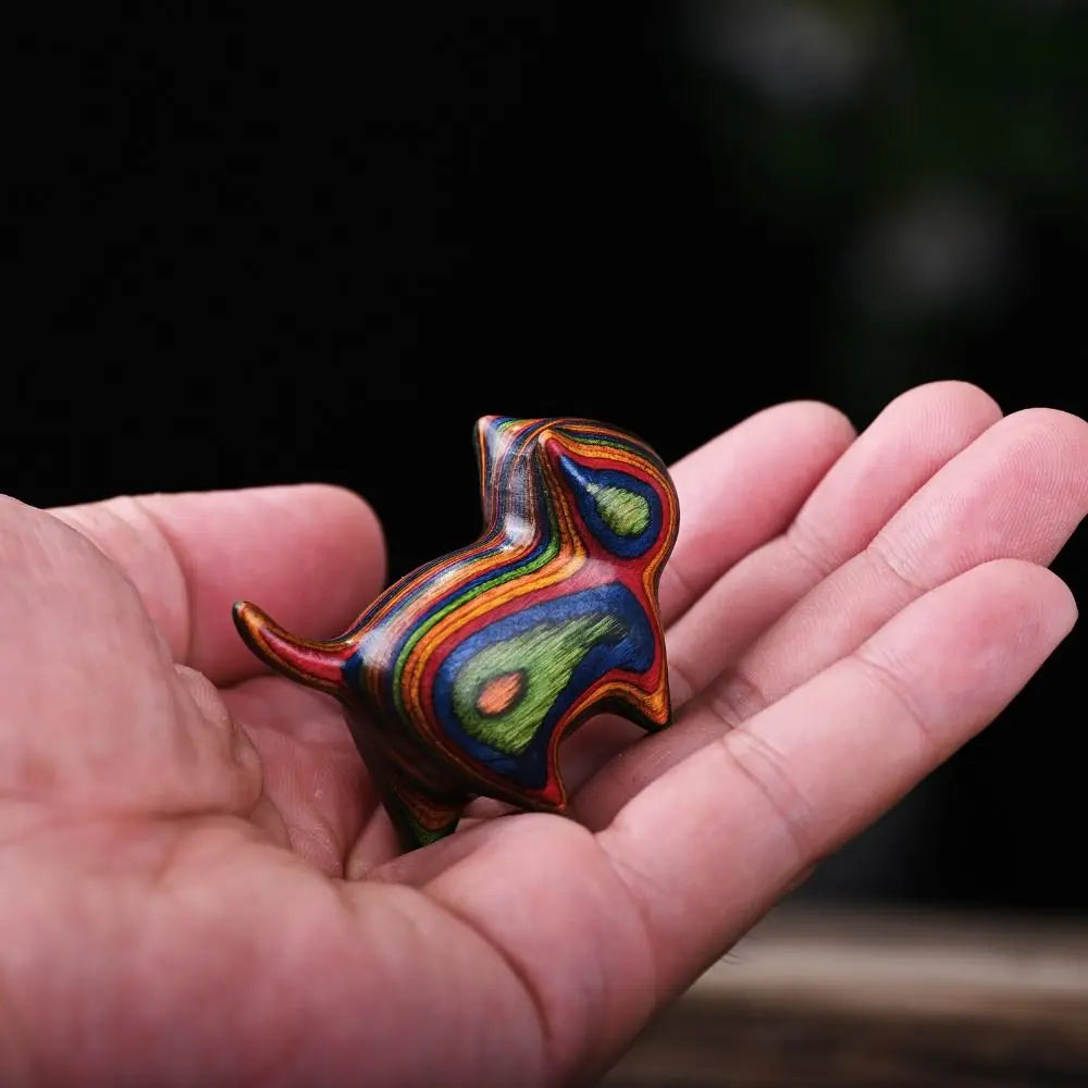 Rainbow Wooden Cat Ornament – Colorful Carved Desk Sculpture